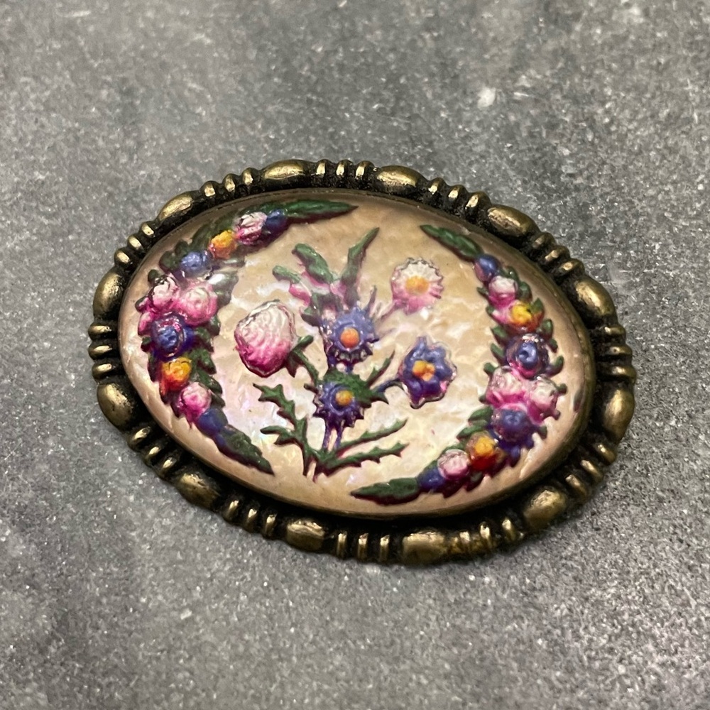 Victorian Estate Goofus Glass Colorful Brooch